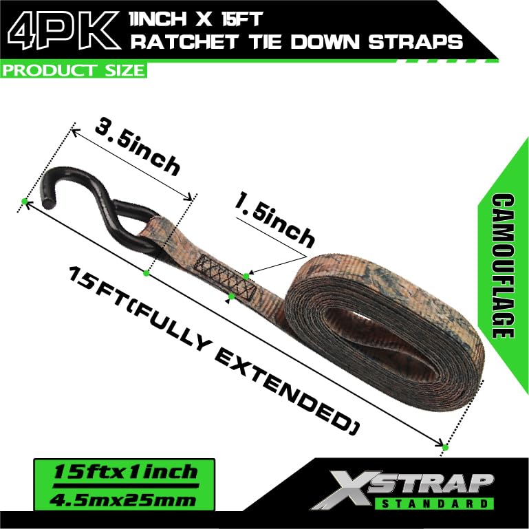 XSTRAP STANDARD Ratchet Tie Down Straps - 4 Pk - 1'' x 15 Ft - 630 Lbs Load Cap 1890 Lbs Break Strength-Cargo Straps for Moving Appliances, Lawn Equipment, Trucks, Motorcycle, Metal Hooks (Camouflage) - Image 3